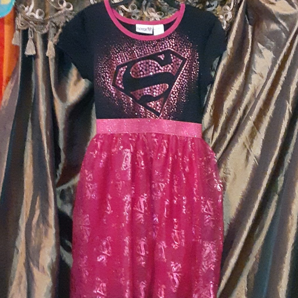 SUPERGIRL black & pink glittery dress sz7 - Picture 1 of 8
